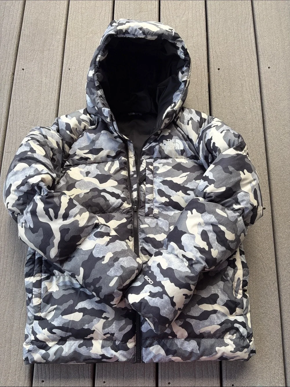 The North Face Kids Black, Gray & White Down Camo Puffer Jacket with Hood